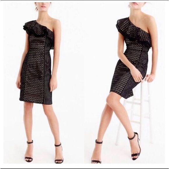 J. Crew Collection One Shoulder Eyelet Ruffle Mini Dress Black - Picture 1 of 13